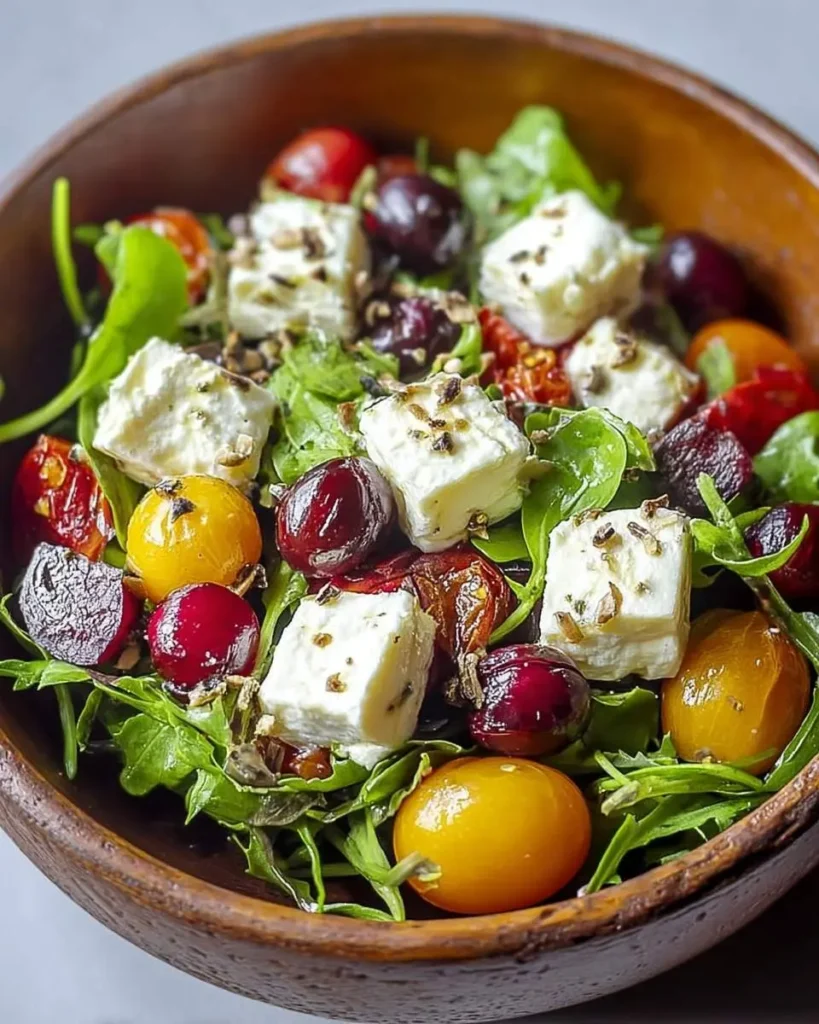 A close-up shot of a vibrant goat cheese salad in a wooden bowl, featuring creamy goat cheese cubes, colorful cherry tomatoes, and fresh arugula.
