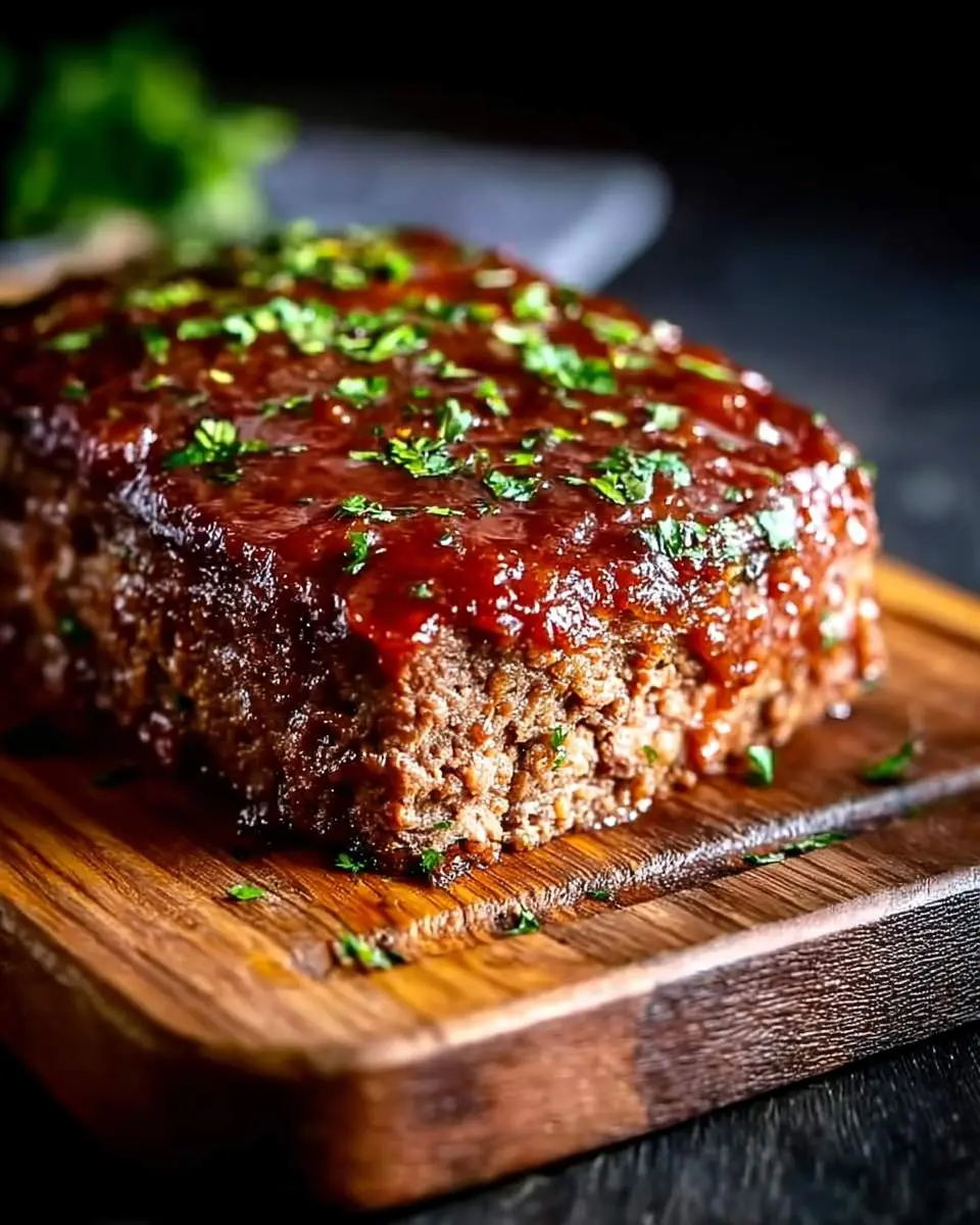 Gordon Ramsay Meatloaf 4 A perfectly glazed Gordon Ramsay Meatloaf, topped with a rich red sauce and fresh green herbs, resting on a rustic wooden board.