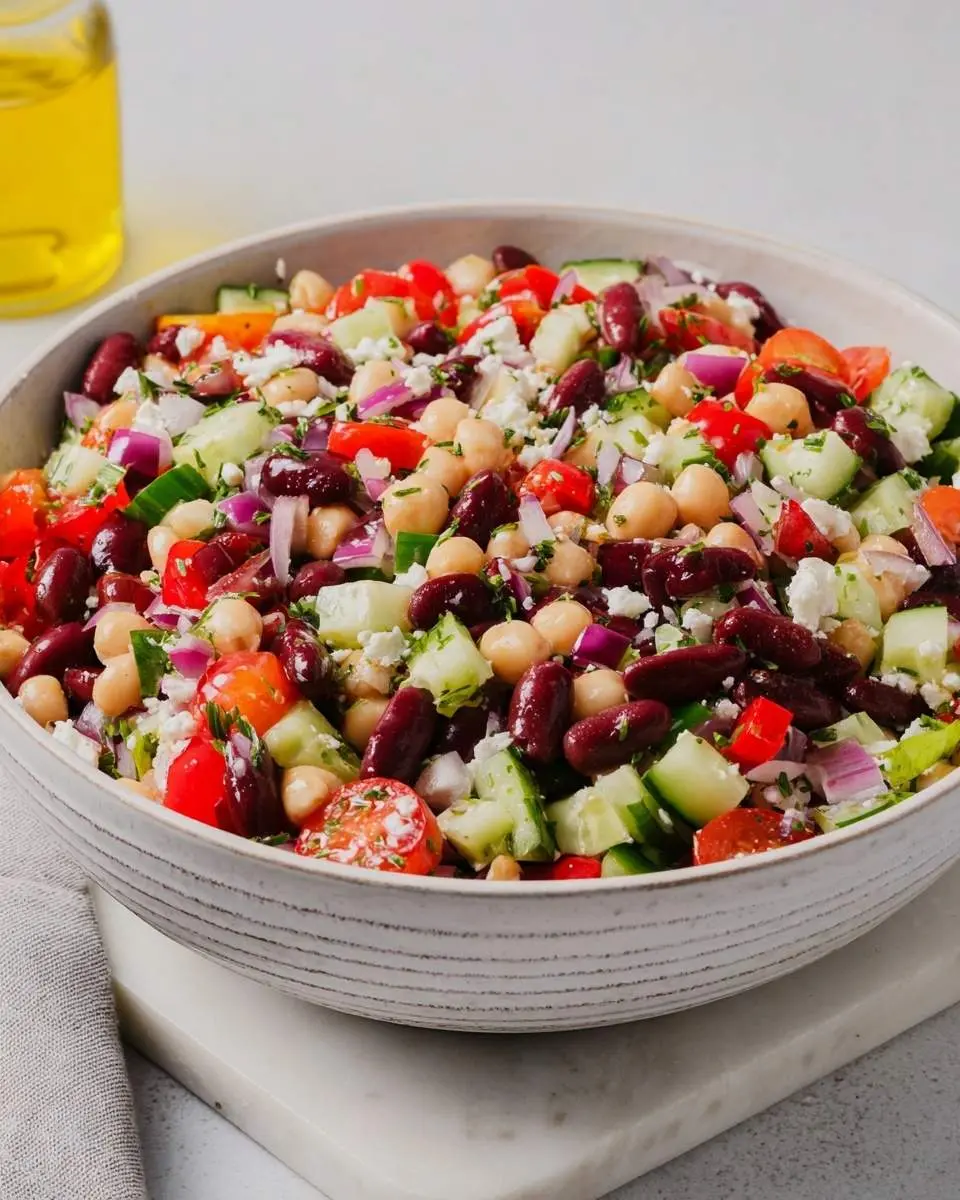 Greek Bean Salad 1 A vibrant Greek Bean Salad in a white bowl, featuring kidney beans, chickpeas, cucumbers, tomatoes, red onion, and feta cheese, with olive oil in the background.