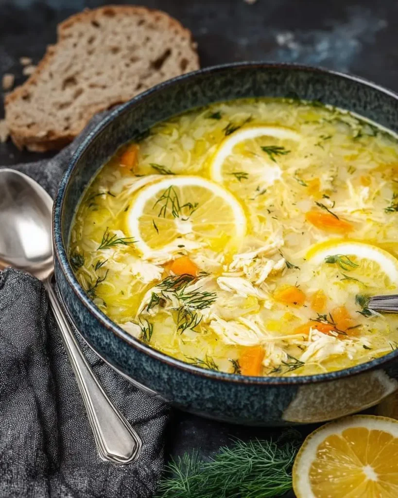 A vibrant bowl of Greek Lemon Chicken Soup (Avgolemono) garnished with lemon slices and fresh dill, served with crusty bread.