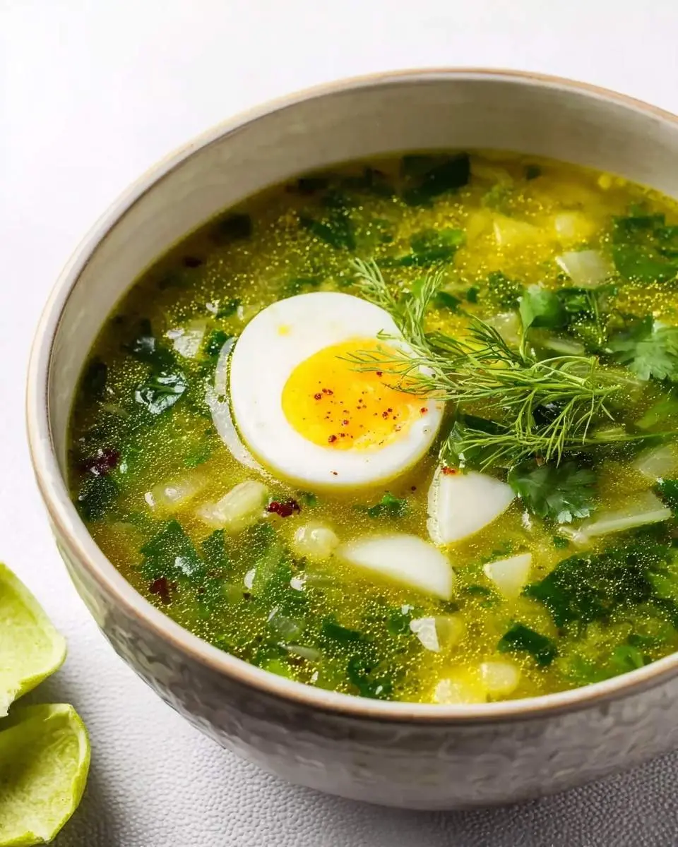 A bowl of vibrant Green Borscht garnished with a halved hard-boiled egg, fresh dill, and red pepper flakes, with lime wedges on the side.