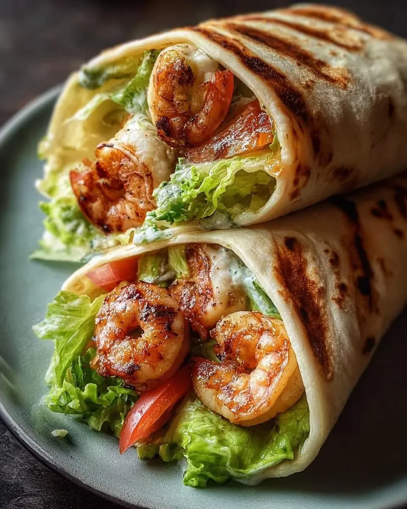 Close-up of two grilled shrimp caesar wraps filled with succulent shrimp, crisp lettuce, and creamy dressing.