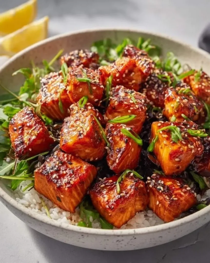 A close-up of a delicious Honey Garlic Salmon Bites Bowl with fluffy white rice, fresh greens, sesame seeds, and chopped scallions, with lemon wedges in the background.