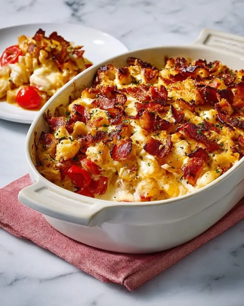 A bubbling hot brown casserole recipe kentucky with crispy bacon, melted cheese, and fresh tomatoes in a white baking dish.