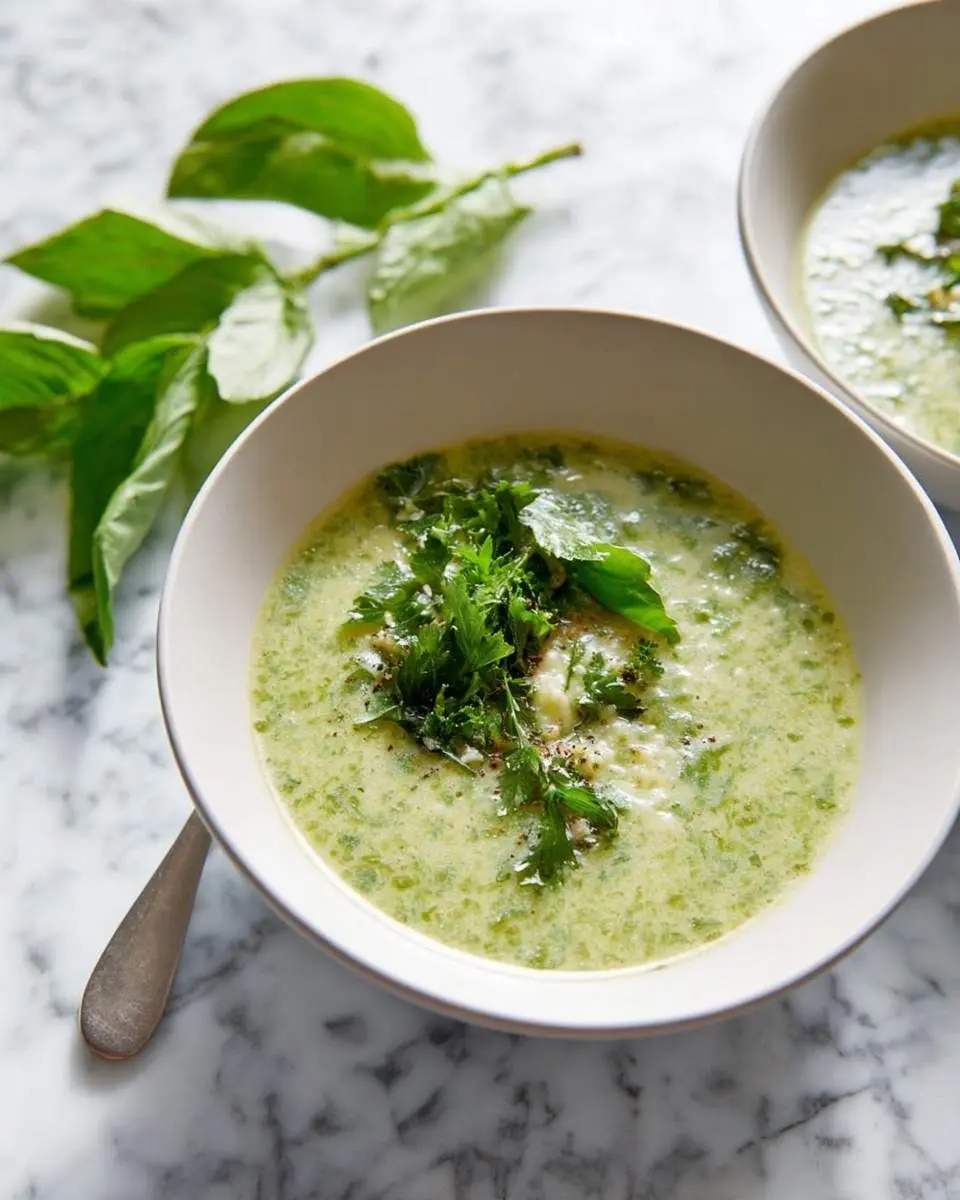 Italian Dandelion Soup 4 Two bowls of creamy green Italian Dandelion Soup garnished with fresh herbs and black pepper on a white marble surface with basil leaves.
