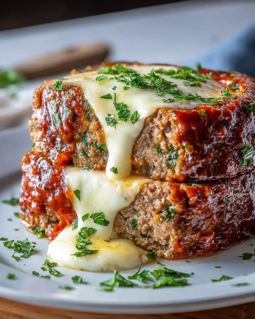 A stack of two slices of Italian Meatloaf with Mozzarella, dripping with rich sauce and melted cheese, garnished with fresh parsley.