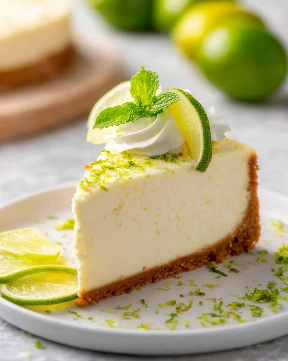 Key Lime Cheesecake 4 A delicious slice of Key Lime Cheesecake garnished with whipped cream, fresh mint, lime slices, and zest on a white plate.
