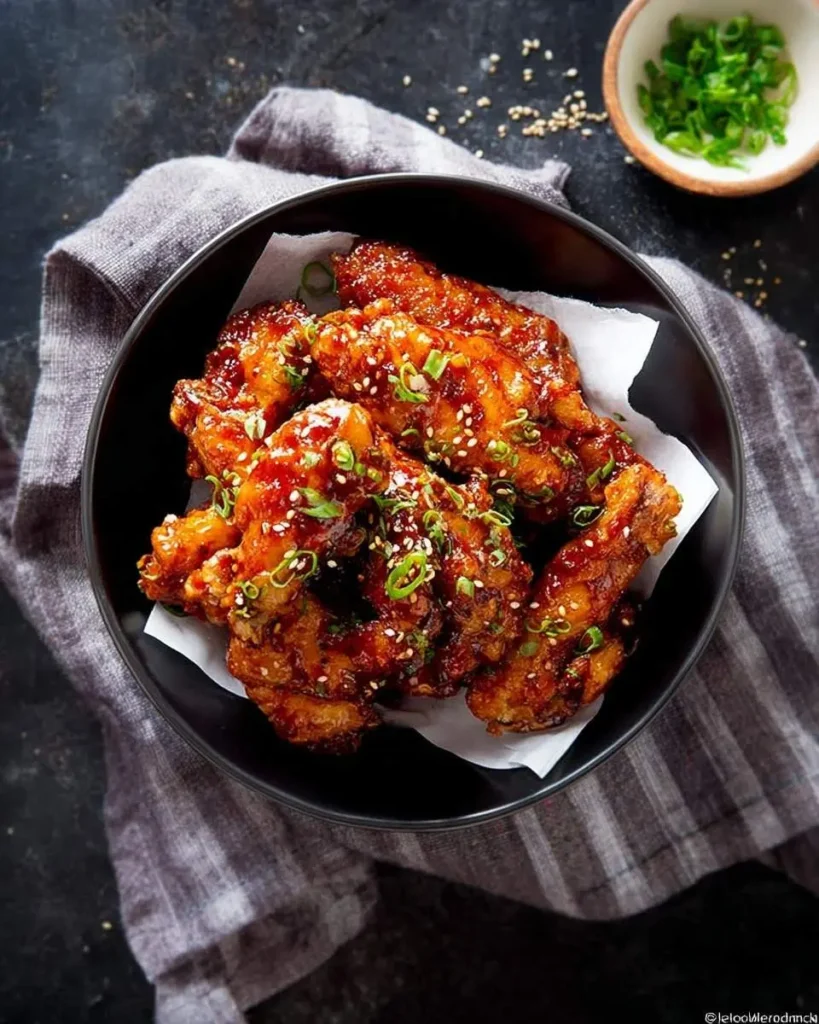 A black bowl filled with glistening, saucy korean chicken wings, garnished with sesame seeds and chopped green onions.