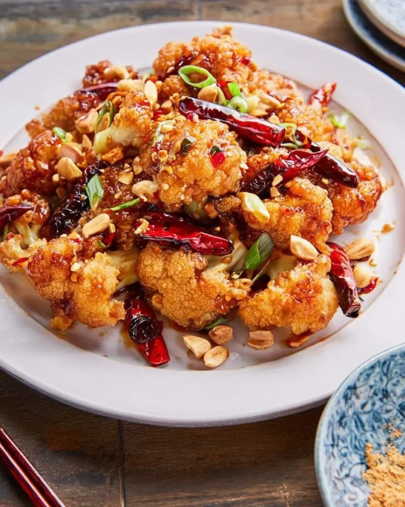 A close-up of a white plate piled high with crispy Kung Pao Cauliflower, garnished with peanuts, dried chilies, and green onions.
