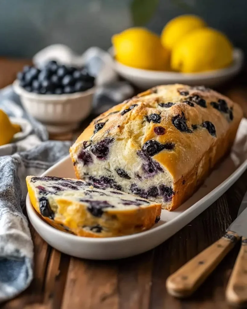 A delightful loaf of Lemon Blueberry Sourdough Bread is presented on a white platter, with one slice cut, alongside fresh blueberries and lemons.
