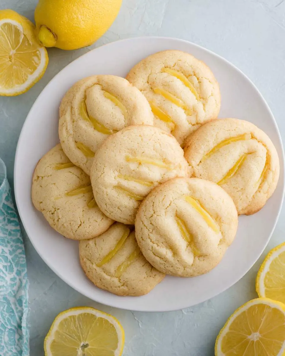 An overhead shot of a white plate piled with fresh lemon cookies garnished with candied lemon peel, surrounded by whole and sliced lemons.