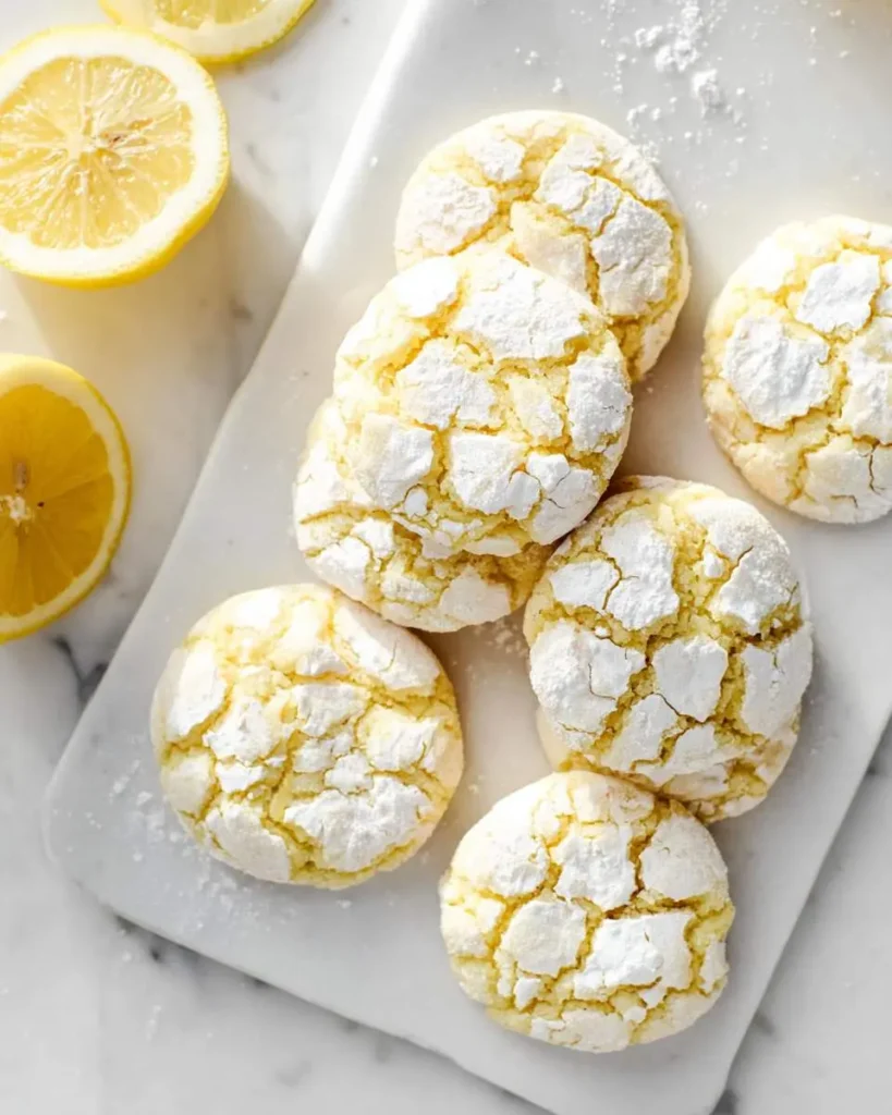 A top-down view of several powdered sugar-dusted Lemon Crinkle Cookies arranged on a white marble board, with fresh lemon slices.