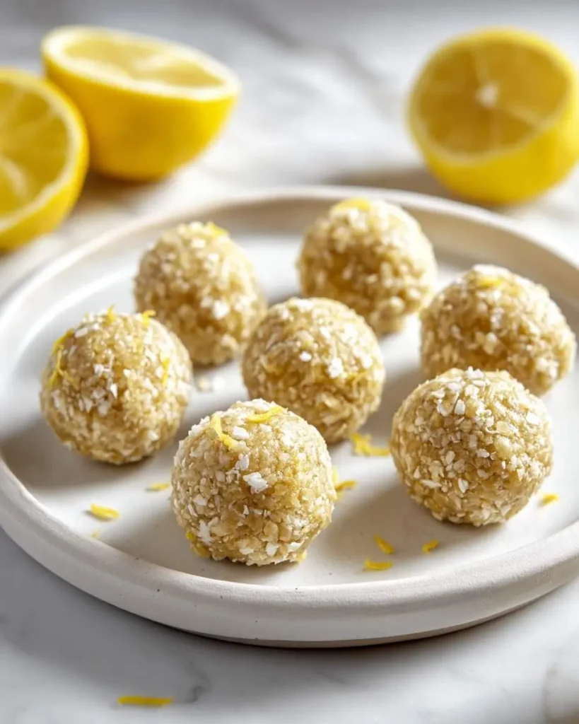 Seven no-bake lemon energy balls coated in coconut flakes and lemon zest are arranged on a white plate, with fresh lemon halves behind.