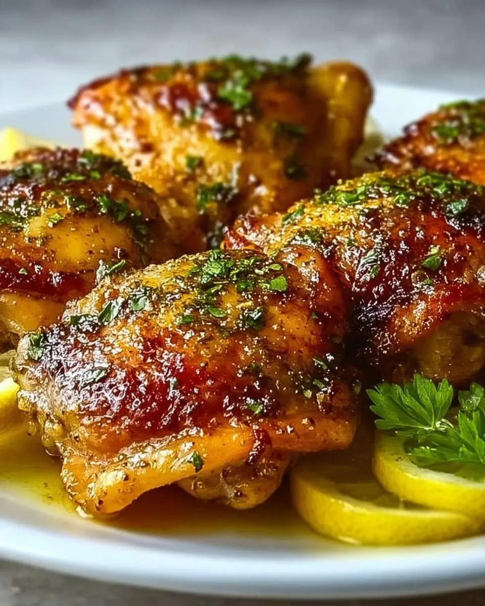 A close-up of glistening Lemon Paprika Roast Chicken Thighs, garnished with fresh parsley and lemon slices on a white plate.