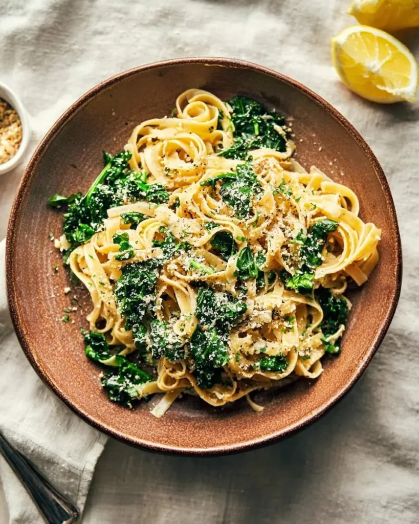 A rustic brown bowl filled with Lemon Swiss Chard Pasta, generously topped with grated cheese and cracked black pepper, with a fresh lemon half visible in the background.