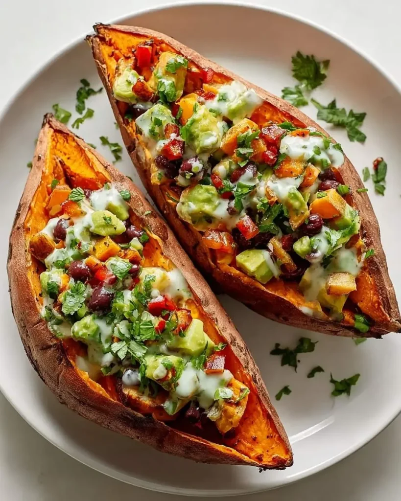 Two vibrant loaded sweet potatoes, halved and filled with avocado, black beans, bell pepper, creamy sauce, and fresh herbs on a white plate.