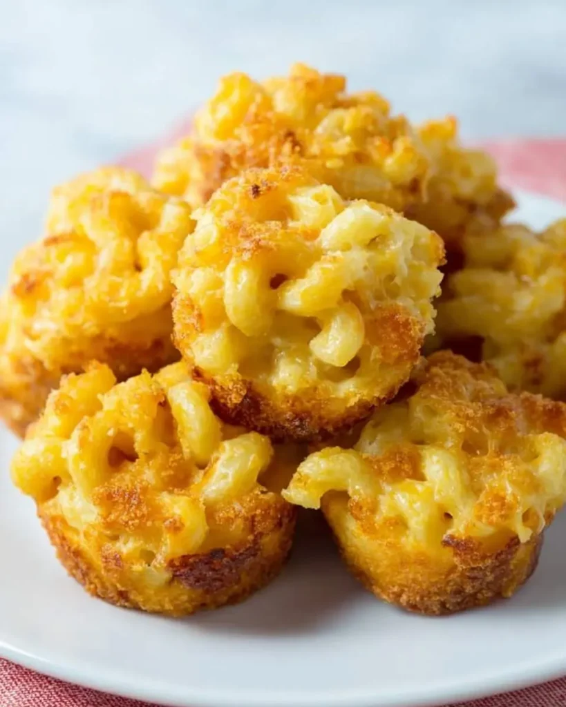 A delicious pile of golden-brown and crispy Mac and Cheese Bites, ready to be served on a white plate.
