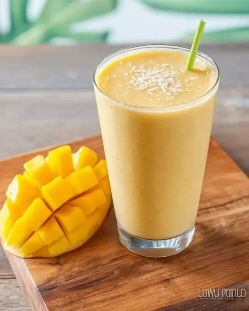 A creamy Mango Coconut Milk Smoothie with a green straw and coconut flakes sits beside a diced fresh mango on a wooden board.