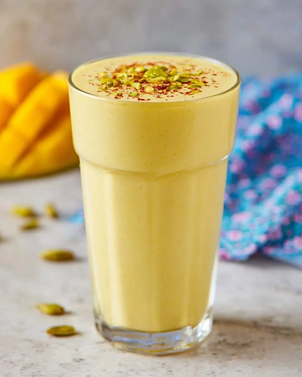 Mango Lassi Ssmoothie 4 A tall glass of vibrant yellow Mango Lassi Smoothie, garnished with chopped pistachios and red chili flakes, with sliced mango in the background.