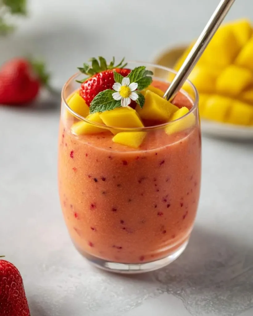 A refreshing Mango Strawberry Smoothie in a clear glass, garnished with fresh mango cubes, a whole strawberry, and mint with a flower.