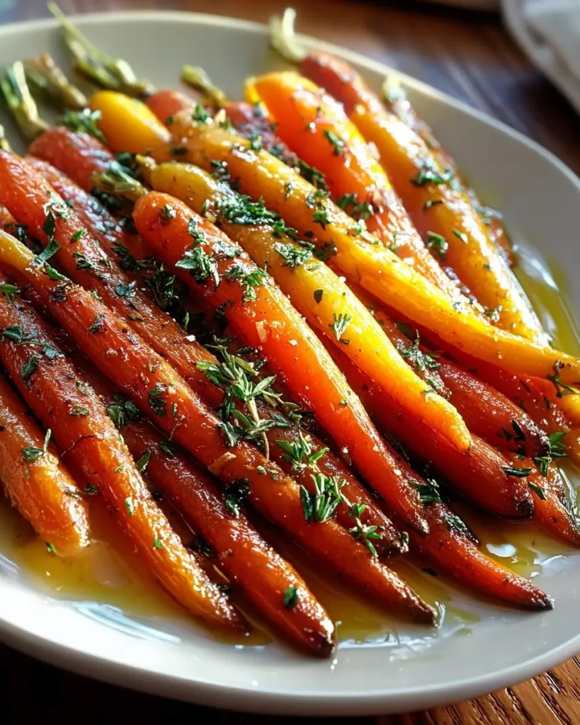 A white plate filled with perfectly roasted and glossy Maple Glazed Carrots, garnished with fresh herbs, ready to be served.
