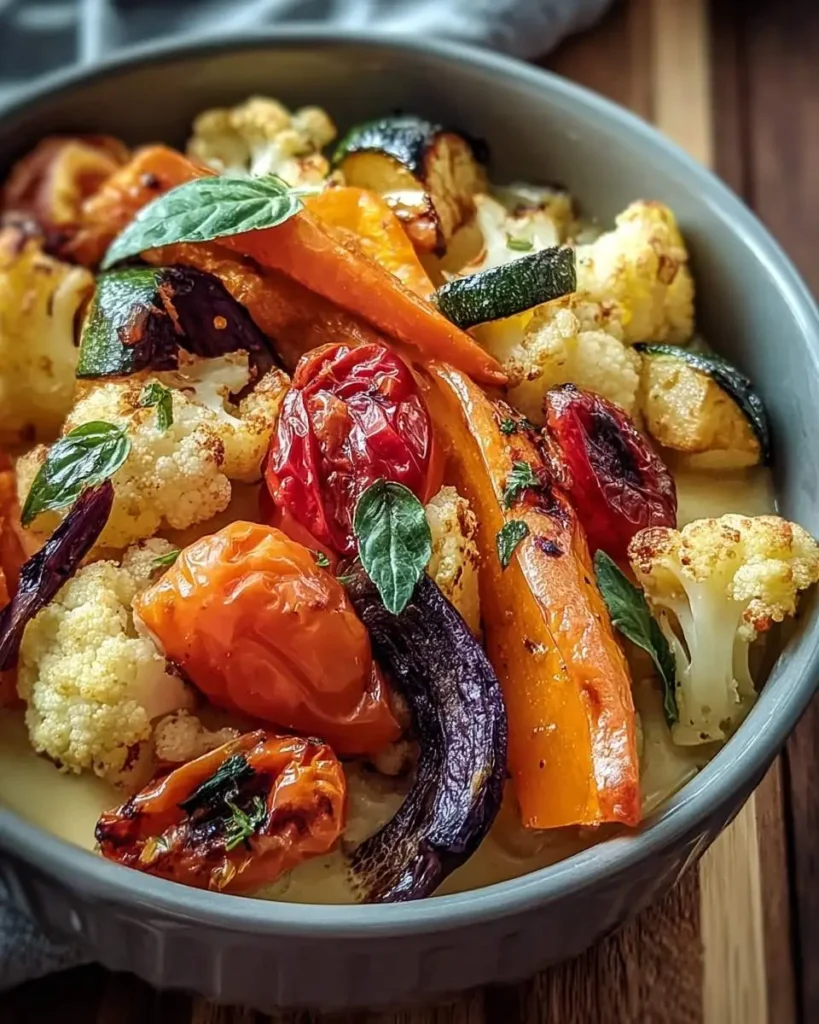 A close-up shot of a bowl of colorful Marry Me Roasted Vegetable, featuring charred cauliflower, carrots, zucchini, tomatoes, and basil.