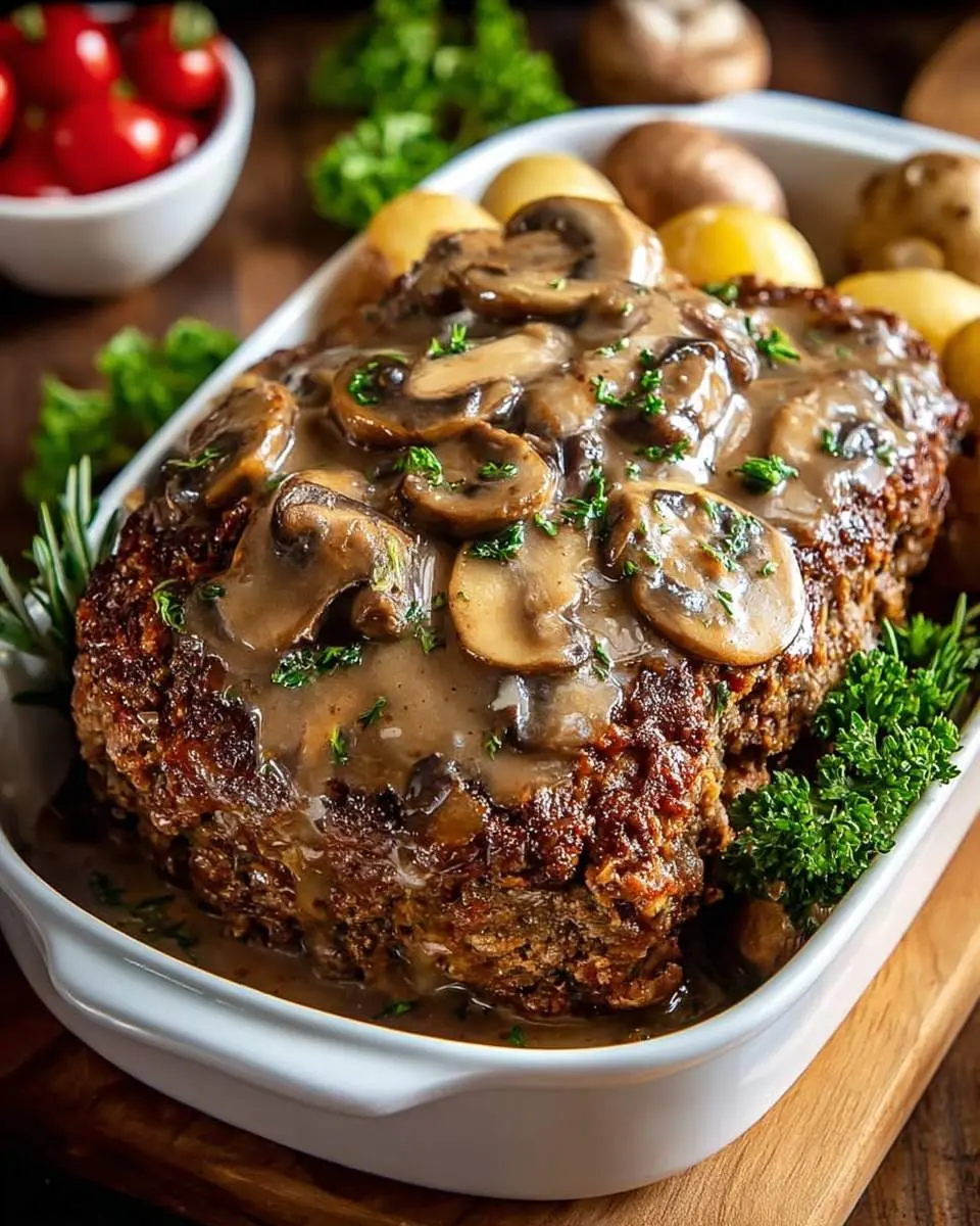 Meatloaf With Mushroom 1 A delicious homemade Meatloaf With Mushroom gravy, garnished with fresh herbs, served in a white baking dish alongside roasted potatoes.