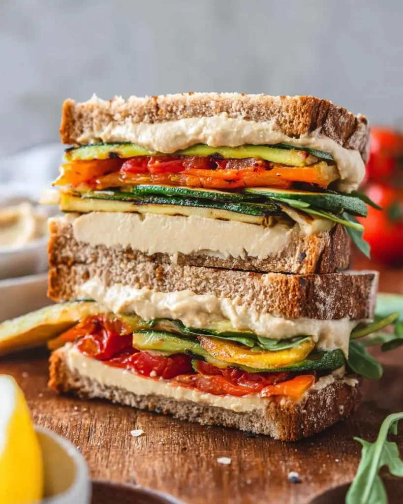 A towering Mediterranean Grilled Vegetable Hummus Sandwich, cut in half, showcasing layers of grilled zucchini, bell peppers, and creamy hummus on whole-grain bread.