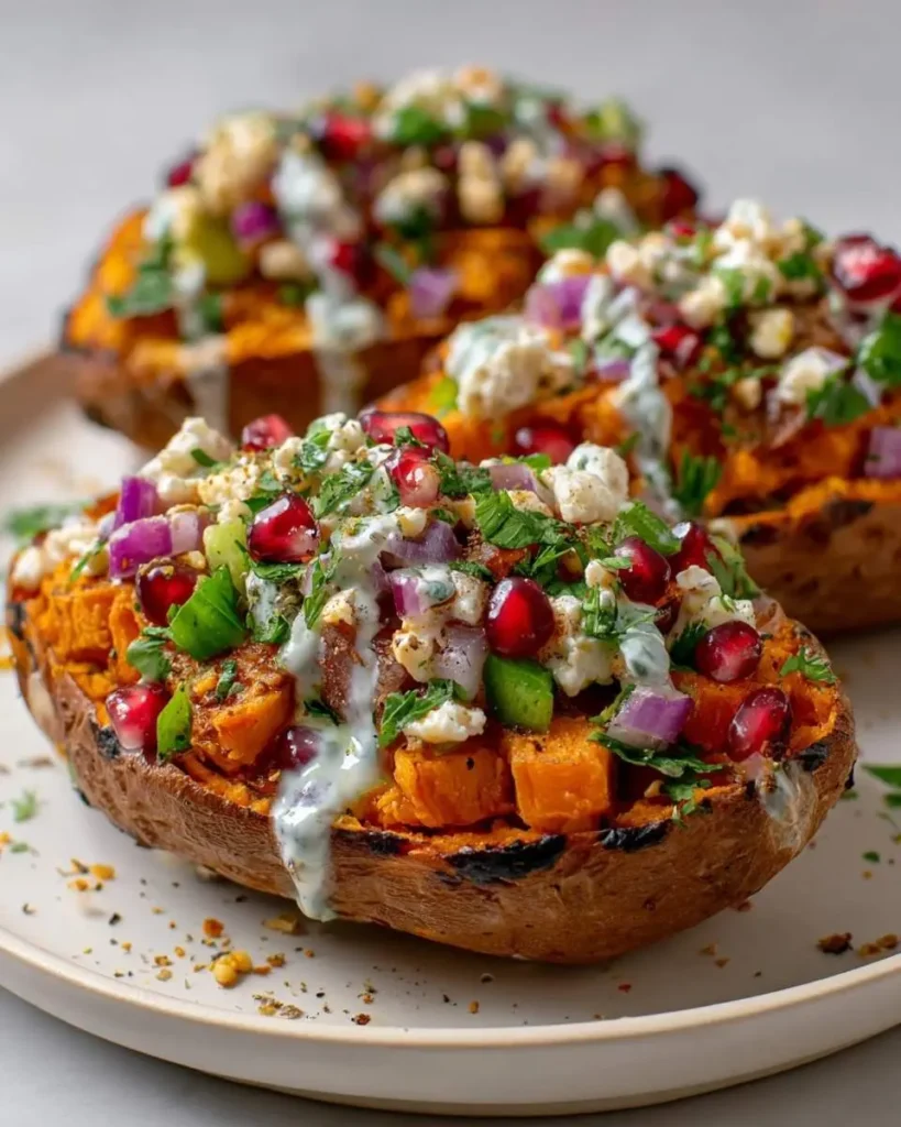 Close-up of three vibrant Mediterranean Stuffed Sweet Potatoes, garnished with pomegranate, feta, red onion, herbs, and a creamy drizzle.