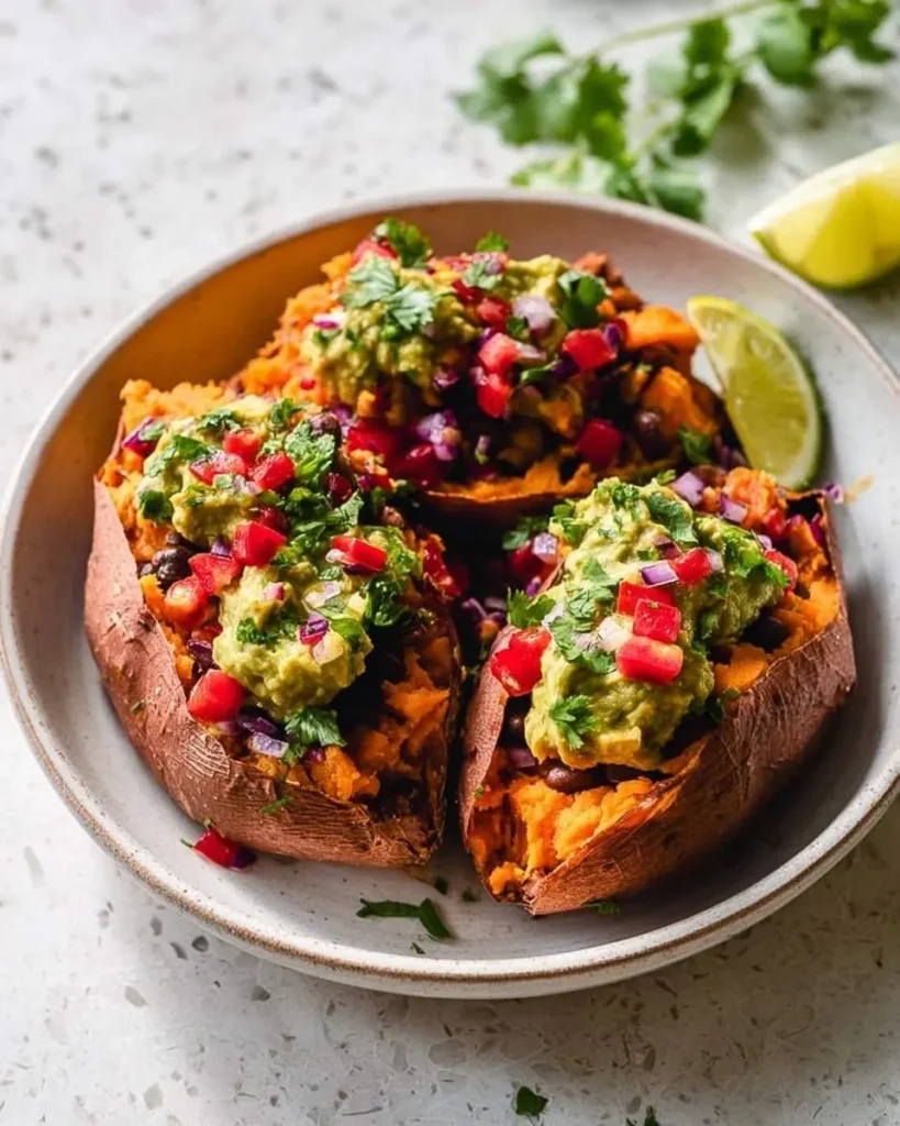 Delicious Mexican Stuffed Sweet Potatoes, bursting with black beans, guacamole, pico de gallo, and cilantro, served with lime.