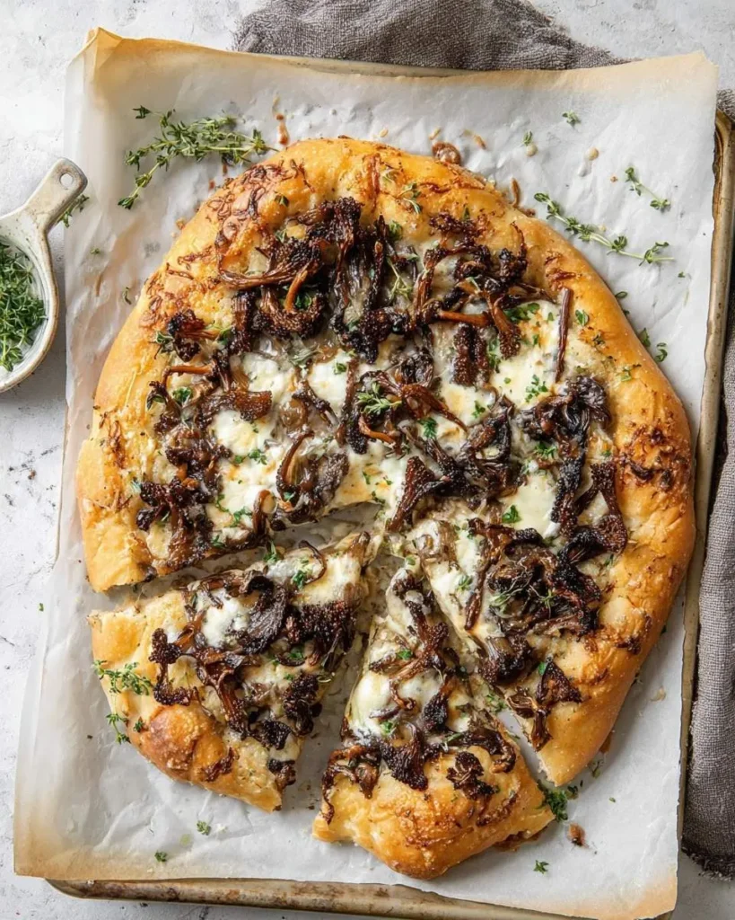 A delectable morel mushroom pizza with melted white cheese and fresh thyme, sliced on parchment paper on a baking sheet.