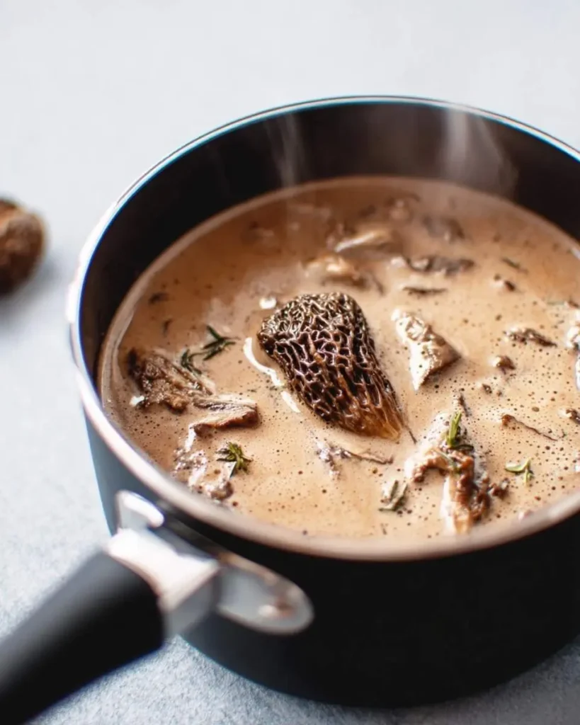 A steaming black saucepan holds a rich, creamy morel mushroom sauce with whole morels and fresh herbs.
