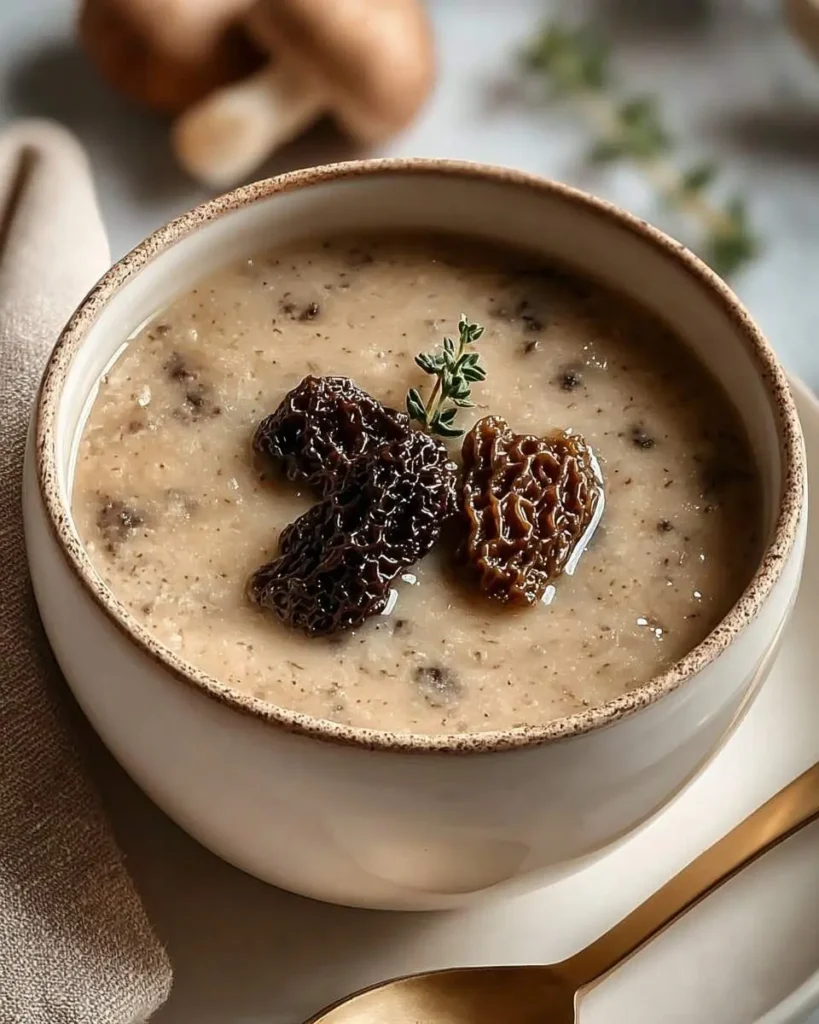 A close-up of a rustic bowl filled with creamy morel mushroom soup, garnished with whole morel mushrooms and fresh thyme.