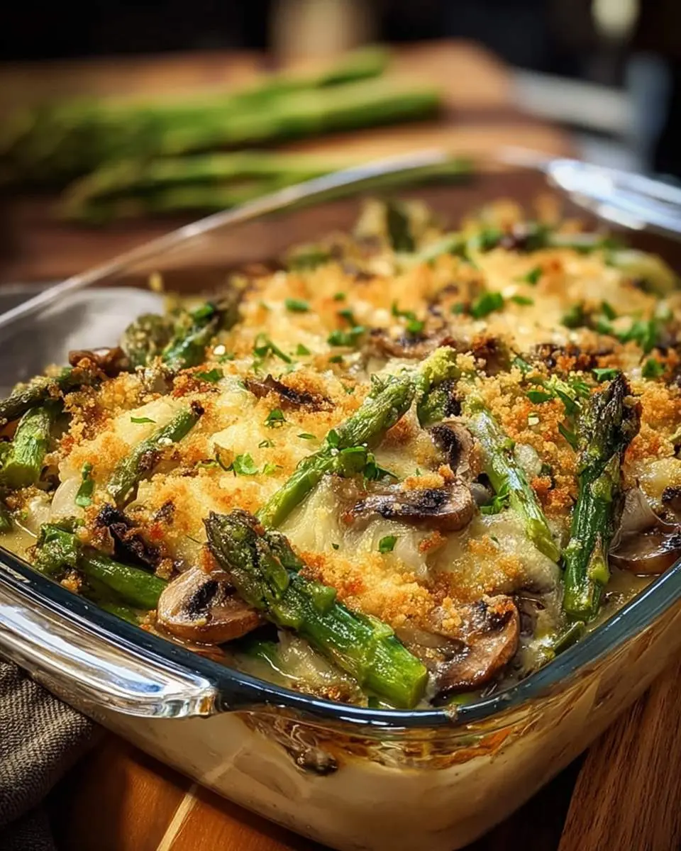 A vibrant Mushroom Asparagus casserole baked to golden perfection in a clear glass dish, topped with crispy breadcrumbs and fresh herbs.