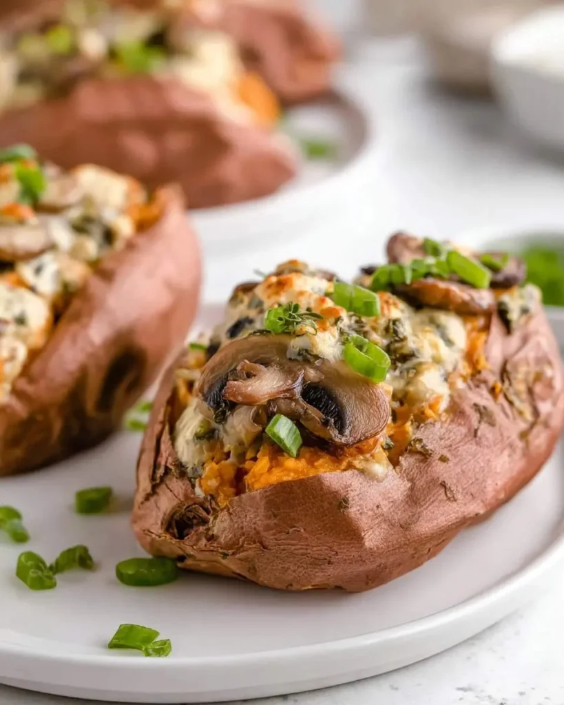 A close-up shot of two delicious Mushroom Stuffed Sweet Potatoes, filled with a creamy mushroom and cheese mixture and garnished with green onions.