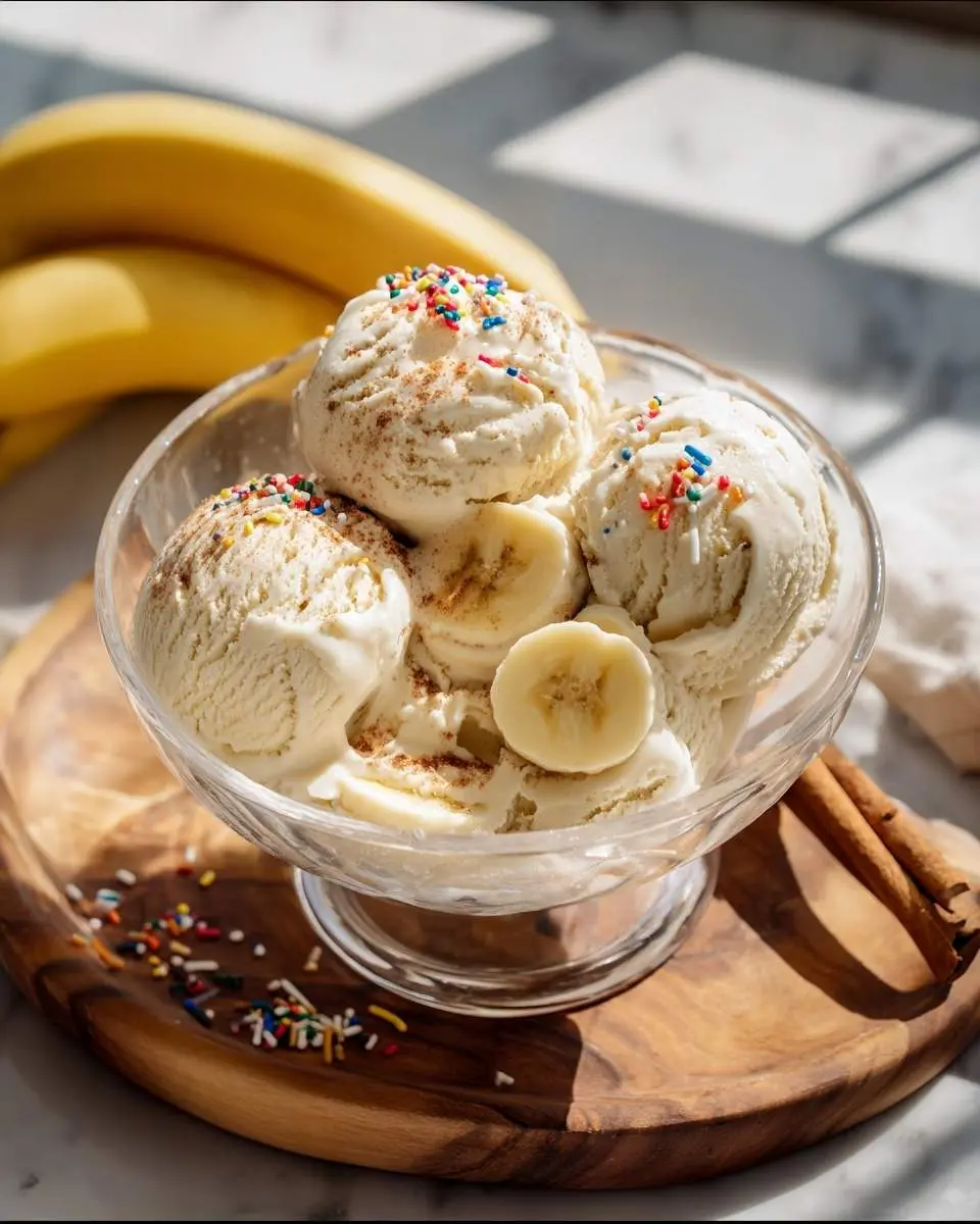 Creamy scoops of Ninja Creami Banana Cinnamon Ice Cream in a glass bowl, topped with sprinkles and cinnamon, alongside fresh bananas on a wooden board.