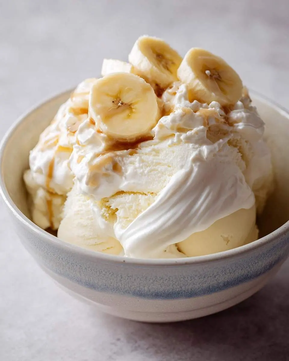 Ninja Creami Banana Cream Pie Ice Cream 4 A close-up shot of a bowl filled with creamy Ninja Creami Banana Cream Pie Ice Cream, topped with whipped cream, fresh banana slices, and a caramel drizzle.