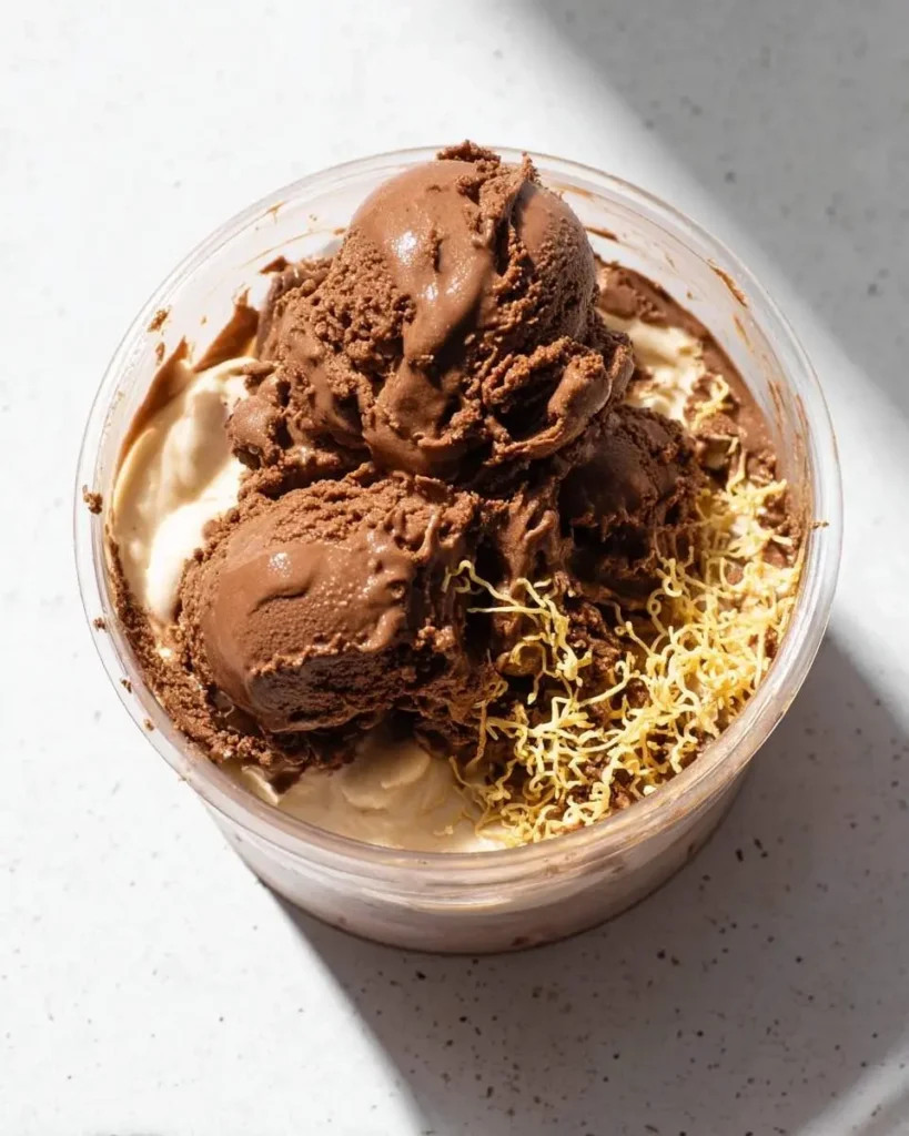 Three scoops of Ninja Creami Dubai Chocolate Ice Cream in a plastic cup, topped with chocolate crumbles and yellow crispy strands.