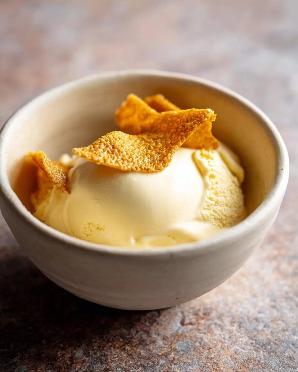 Ninja Creami Honey Ice Cream 1 A creamy scoop of Ninja Creami Honey Ice Cream topped with delicate golden crisps in a rustic ceramic bowl on a textured surface.