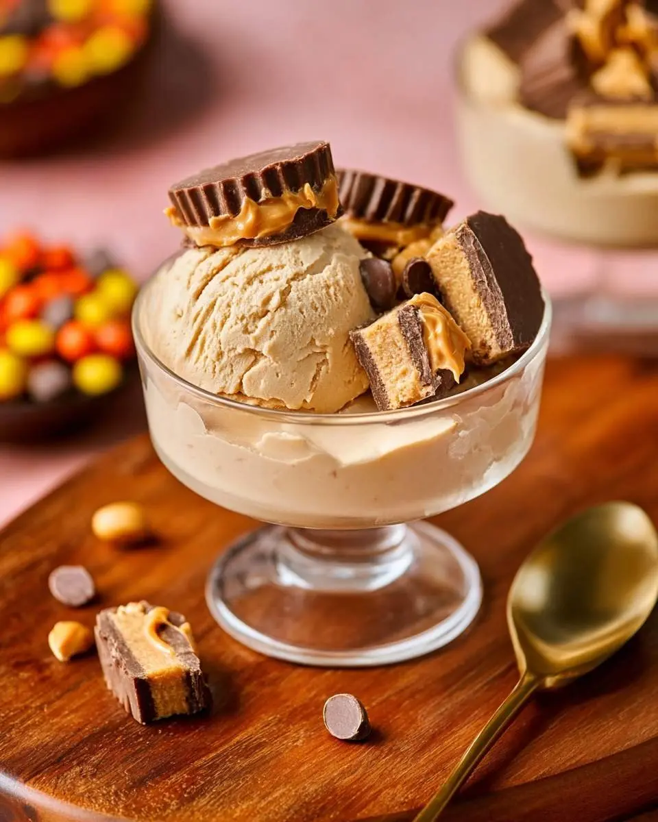 A glass bowl of creamy Ninja Creami Peanut Butter Cup ice cream, topped with whole and cut Reese's cups, chocolate chips, and a gold spoon.