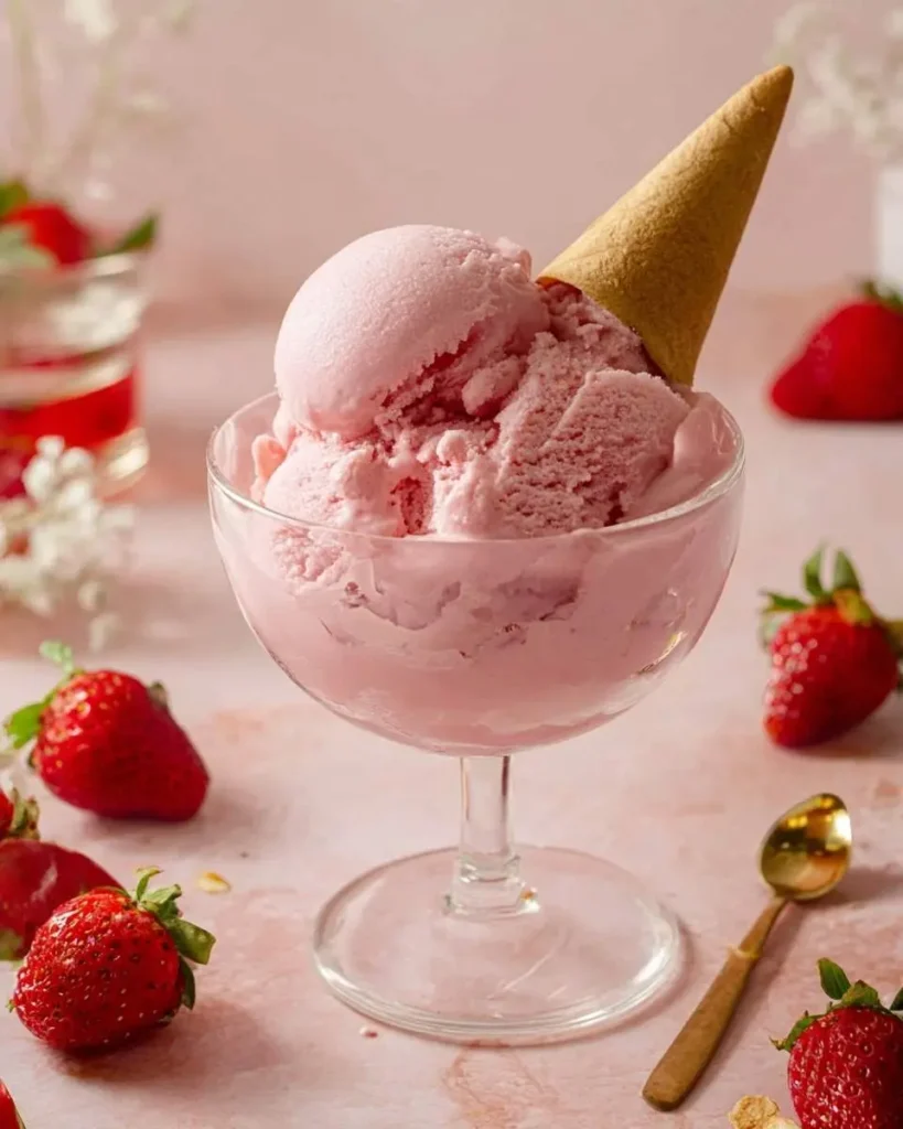 Scoops of delicious pink Ninja Creami Strawberry Ice Cream in a glass dessert dish with a waffle cone and fresh strawberries.