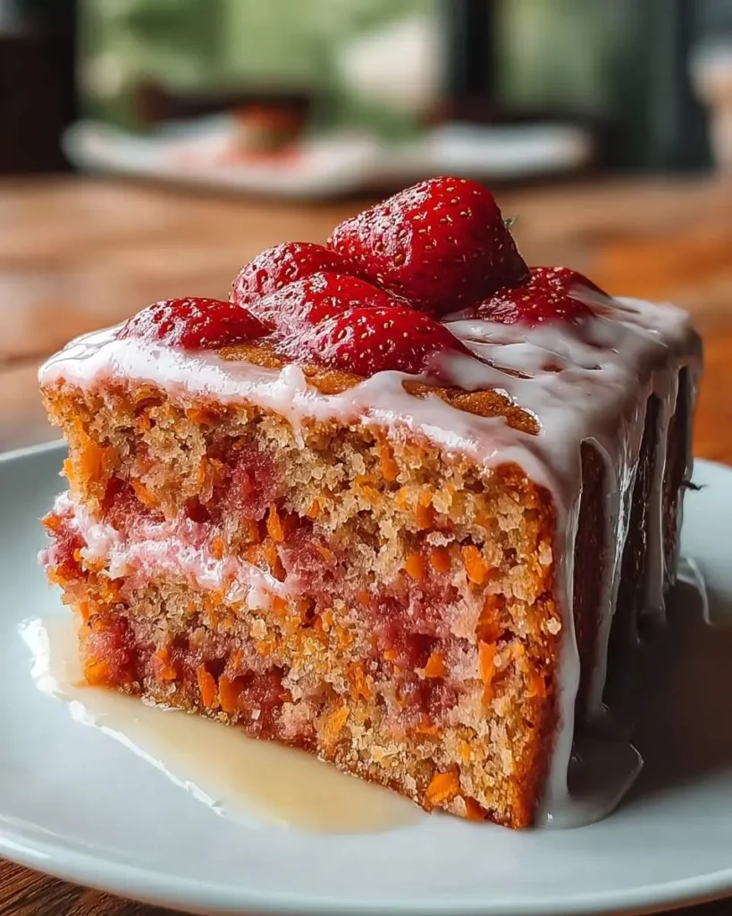 A tempting slice of oatmeal carrot cake with white icing, fresh strawberries, and a visible strawberry filling, embodying an Oatmeal Carrot Cake Recipe.