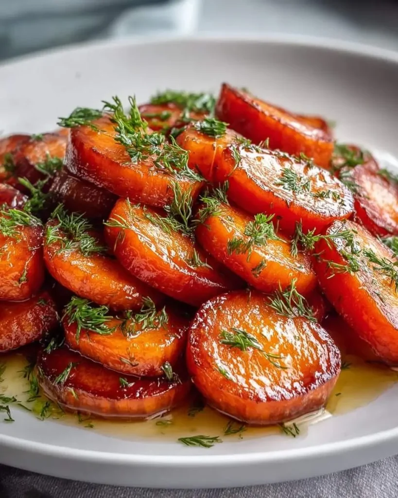 A close-up of beautifully plated Orange Honey Glazed Carrots, garnished with fresh dill and resting in a golden syrup.