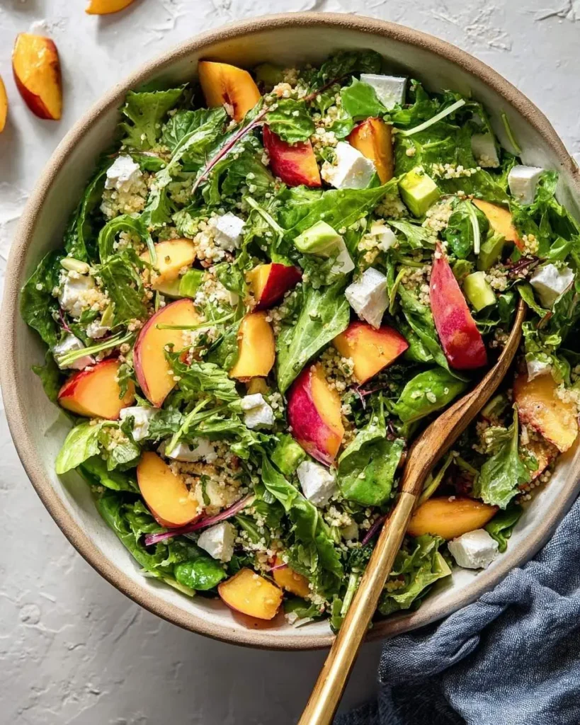 Overhead shot of a vibrant Peach and Goat Cheese Salad in a rustic bowl with fresh greens, couscous, and a wooden spoon.
