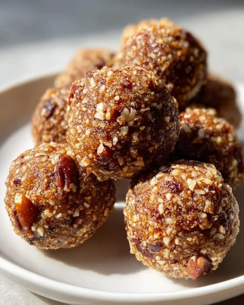 A close-up showcases a pile of textured Pecan Pie Protein Balls on a white plate, featuring chopped nuts and a delicious brown hue.