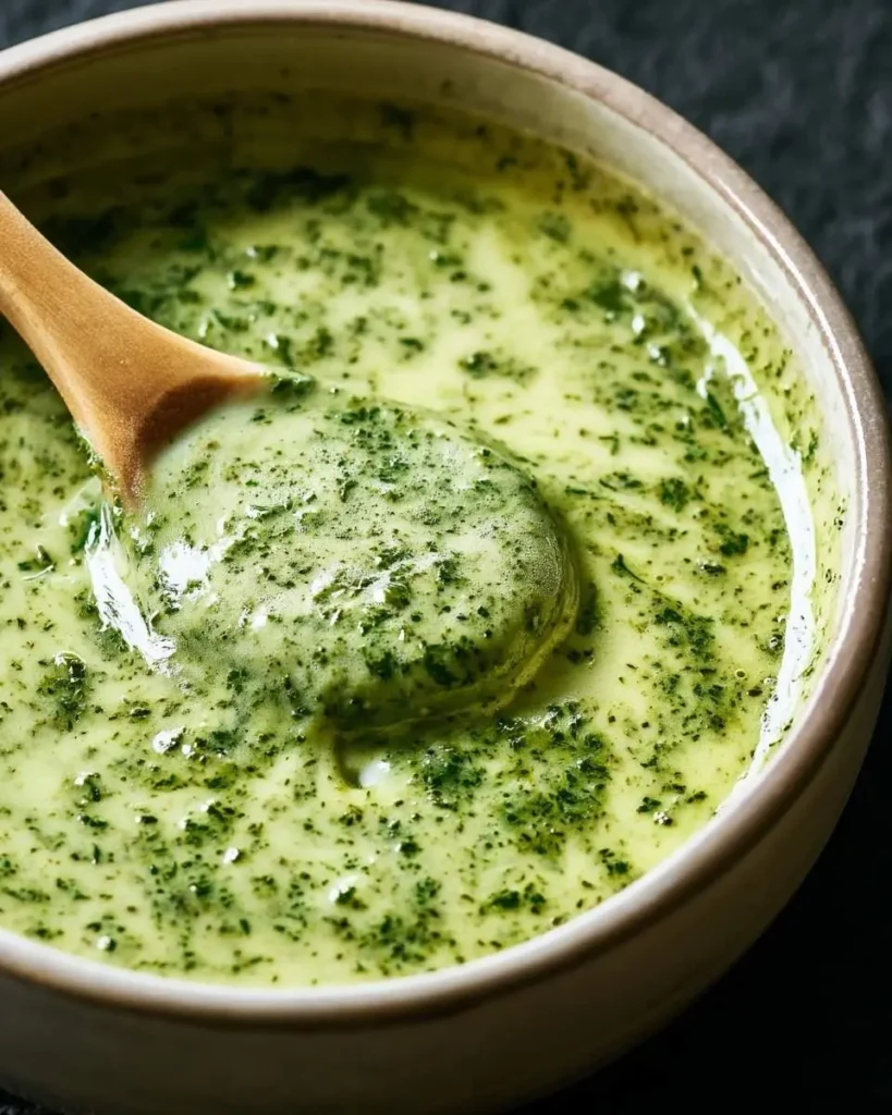 A wooden spoon lifting a creamy, vibrant Pesto Cream Sauce from a rustic bowl, showcasing its rich texture and herb flecks.