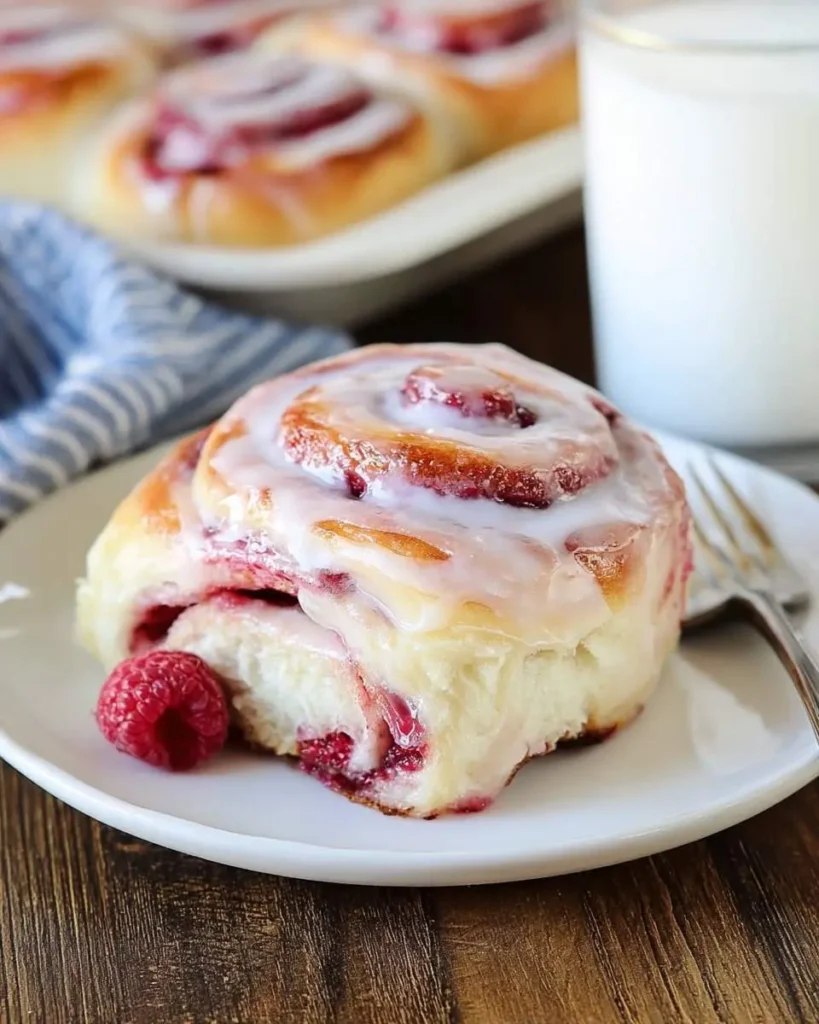 A single fluffy raspberry cinnamon roll with white icing and a fresh raspberry on a white plate, with more rolls and milk in the background.