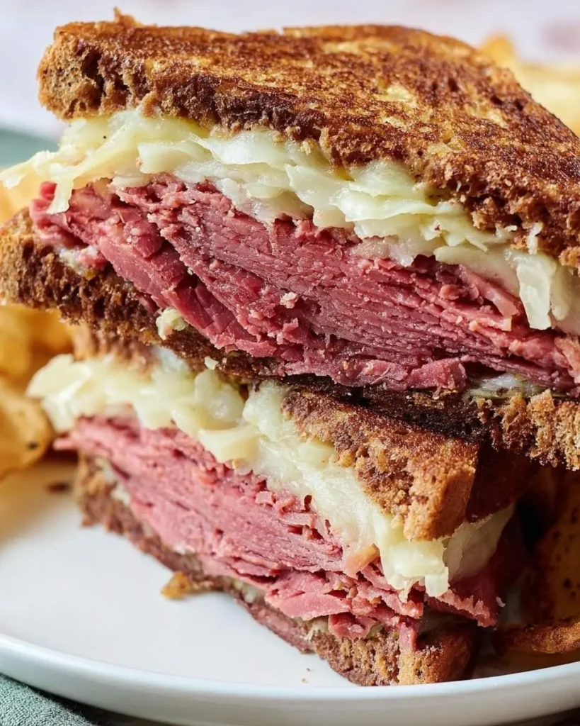 A stacked Reuben Pastrami Sandwich with thinly sliced pastrami, melted cheese, tangy sauerkraut, and toasted rye bread, cut in half.