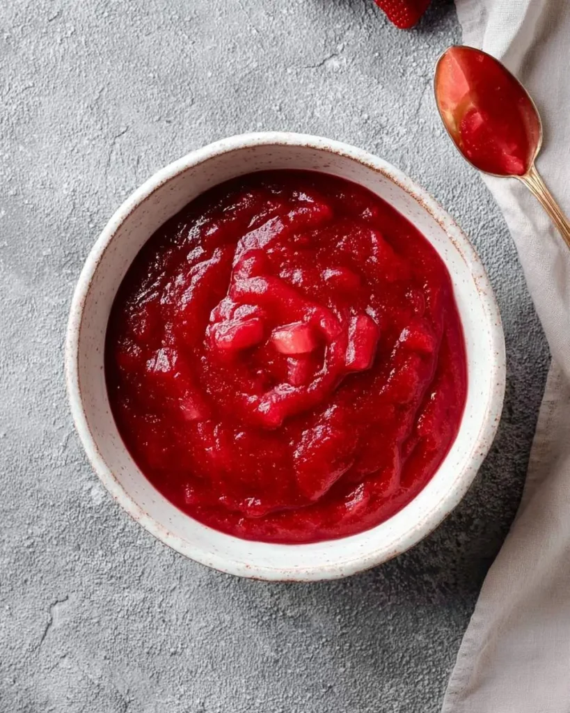 A white bowl filled with vibrant red, chunky Rhubarb Sauce, with a golden spoon resting on a linen napkin on a grey background.