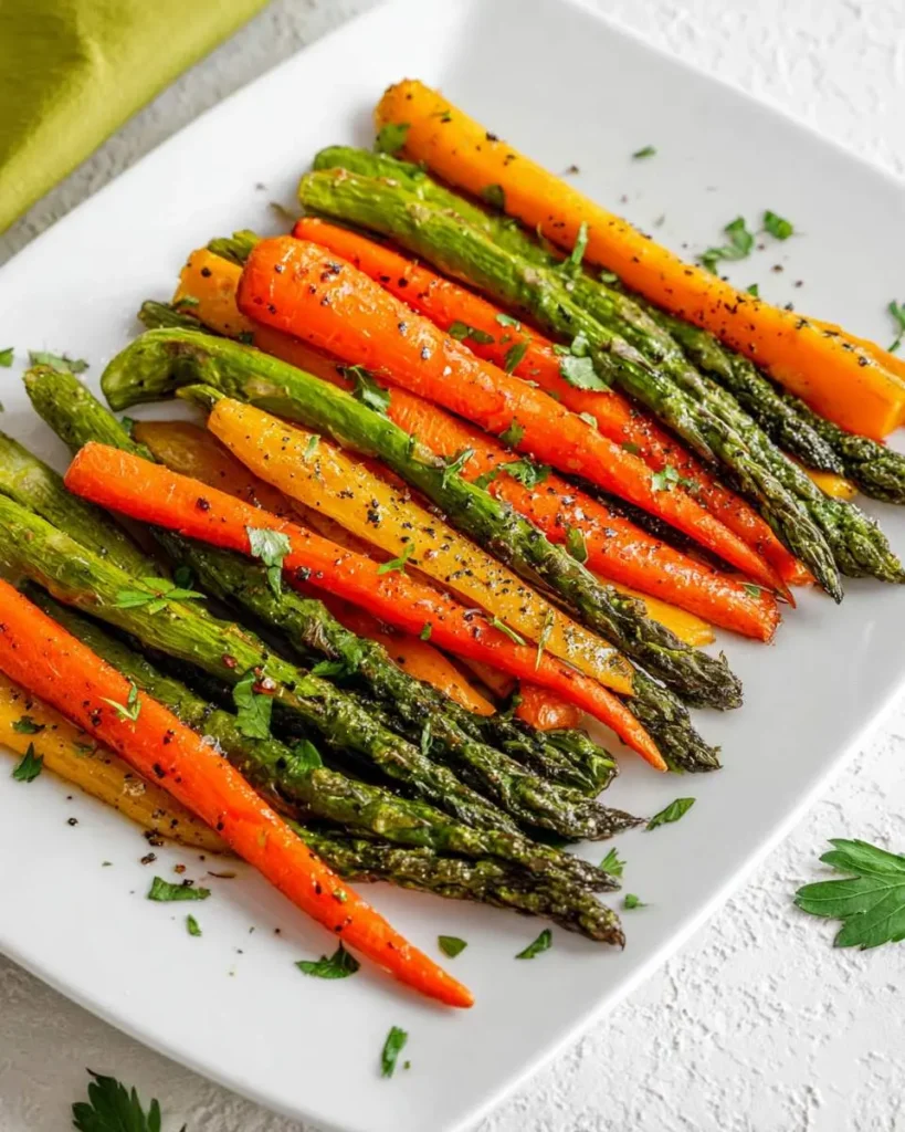 A white platter filled with perfectly roasted asparagus and carrots, garnished with fresh herbs and black pepper.